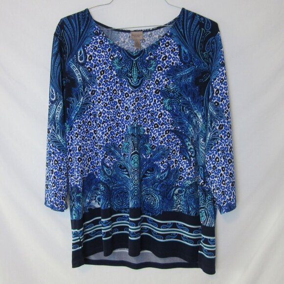 Chico's Blouse Easywear Blue Cheetah Patterned 3/4 Sleeve Business Womens XL - Picture 1 of 6